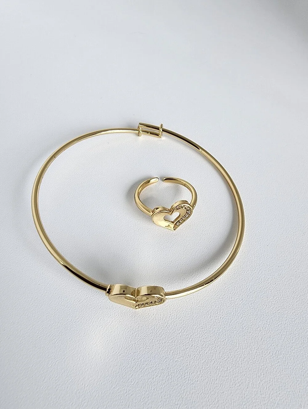 Gold Plated Heart Bangle & Adjustable Ring Set CZ Love Jewelry Girls